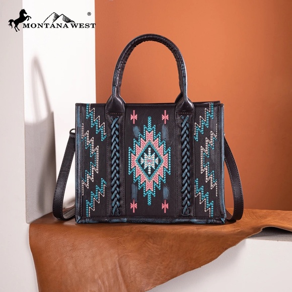 Montana West Embroidered Aztec Tote/Crossbody + Wallet Turquoise - Picture 2 of 8
